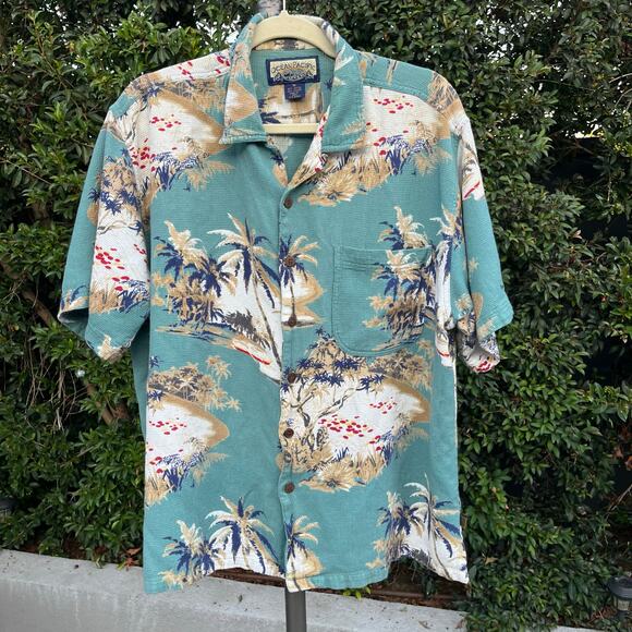 Ocean Pacific Hawaiian Aloha Button Down Tropical Blue Men’s Shirt Medium - Picture 1 of 6